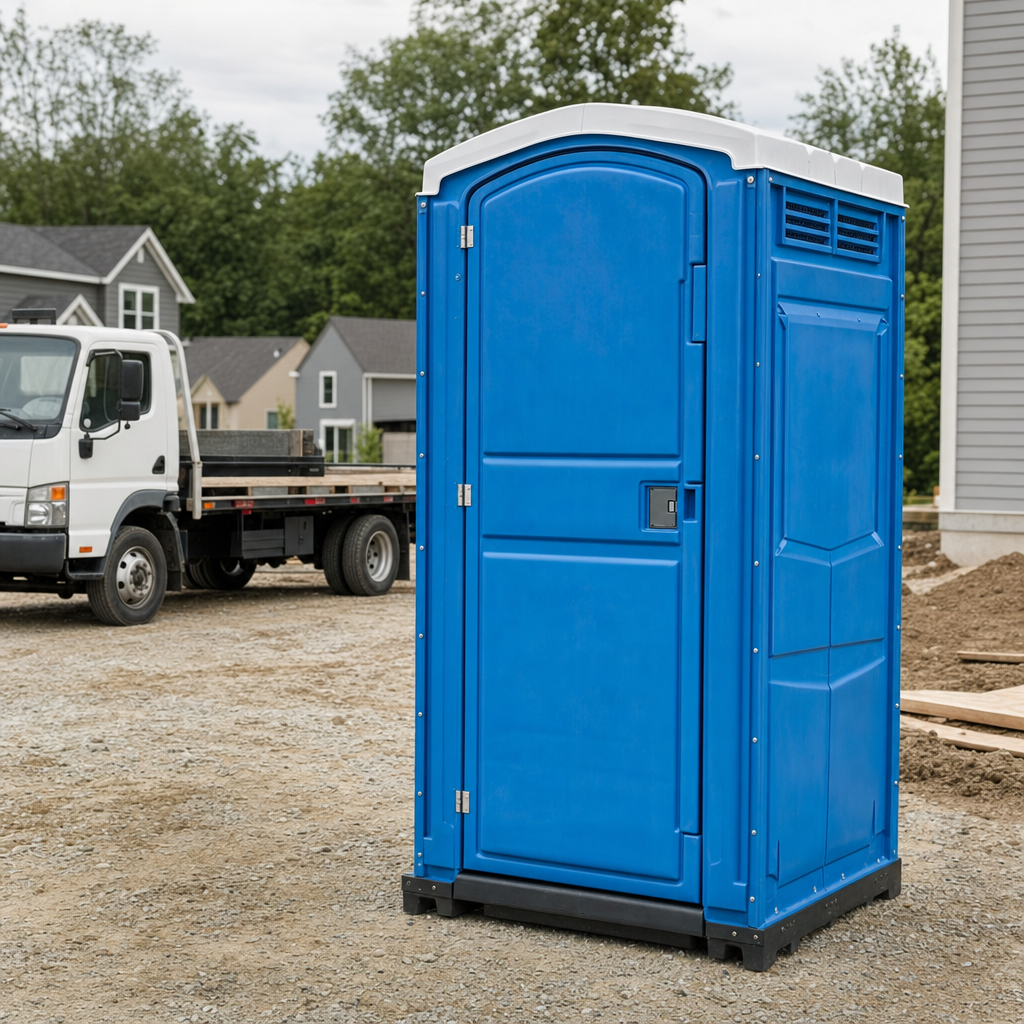 Delivery driver positioning a clean royal-blue portable toilet on level ground at a Allentown worksite