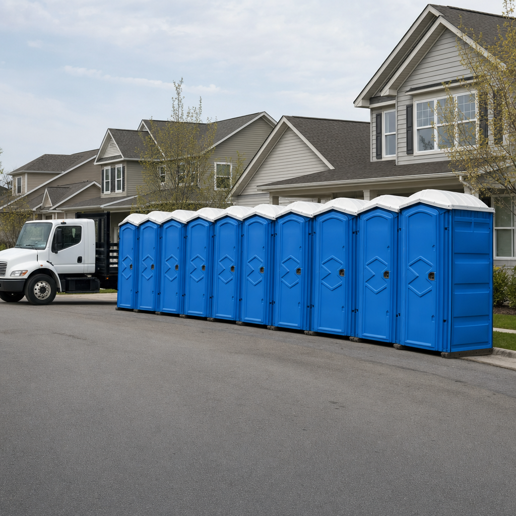 Royal blue portable toilets staged in a tidy row at a Allentown jobsite, ready for delivery